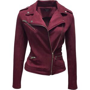 Women's Faux Suede Jacket Long Sleeves Zipper Up Casual Outwear Burgundy